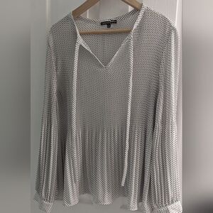 Pleated Long-Sleeve White & Black Dot Peasant Top
